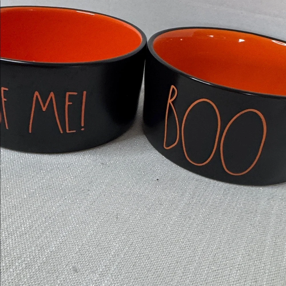 Rae Dunn BOO & BEWARE OF ME Halloween 6” pet Food Water Bowls Black Orange NWOT